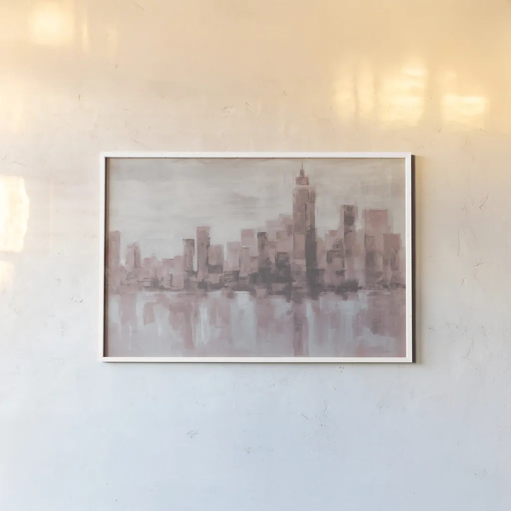 Misty Day in Manhattan Pink Gray by Silvia Vassileva. shown as a paper print in a white frame. Available as a archival giclee rolled canvas, fine art paper, or poster print. SKU 47865i.