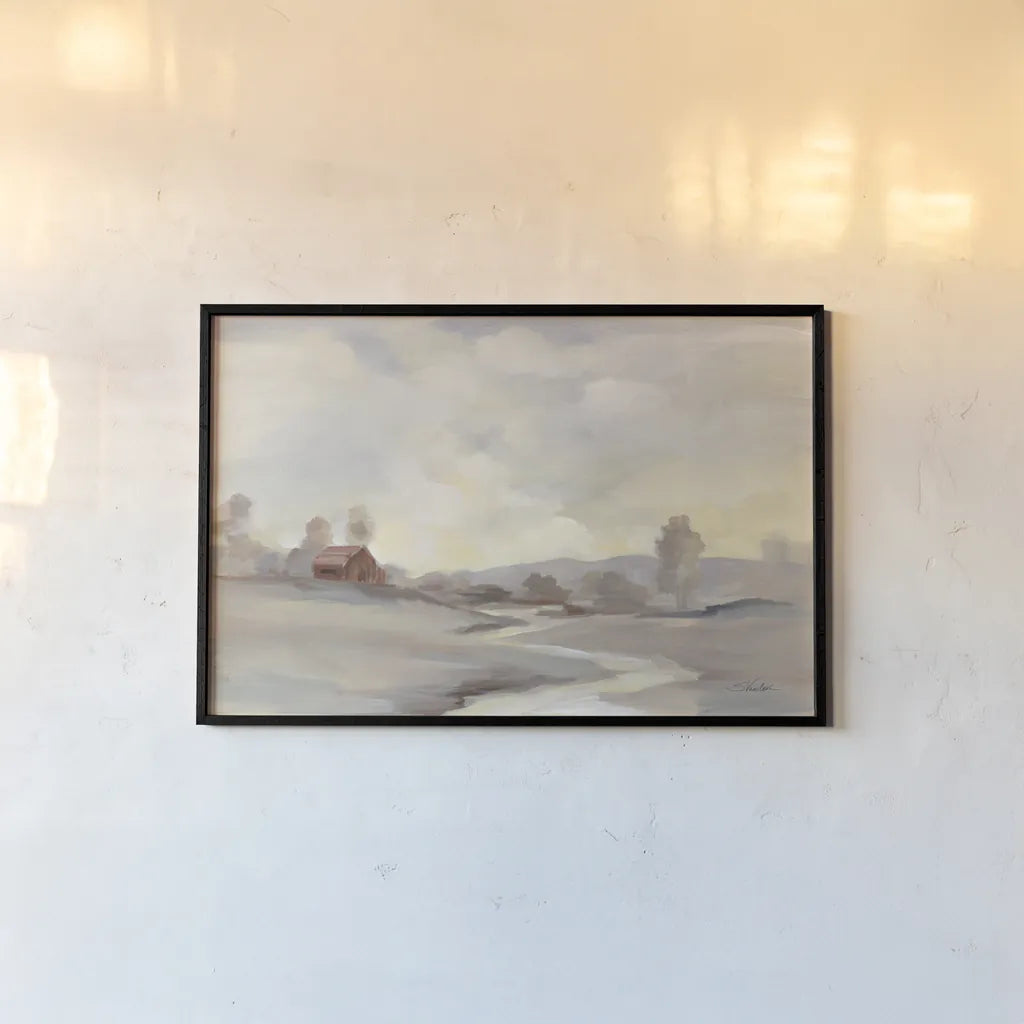 Monochromatic Farm View by Silvia Vassileva. shown as a paper print in a black flame. Available as a archival giclee rolled canvas, fine art paper, or poster print. SKU 77346i.