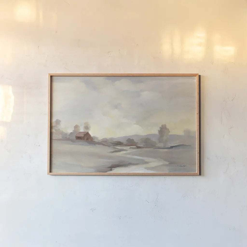 Monochromatic Farm View by Silvia Vassileva. shown as a paper print in a natural frame. Available as a archival giclee rolled canvas, fine art paper, or poster print. SKU 77346i.