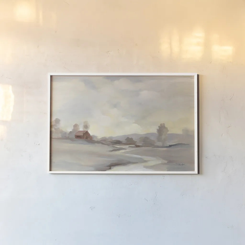 Monochromatic Farm View by Silvia Vassileva. shown as a paper print in a white frame. Available as a archival giclee rolled canvas, fine art paper, or poster print. SKU 77346i.