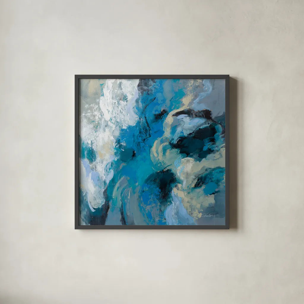 Monsoon by Silvia Vassileva. Shown in a sleek black glass frame for a contemporary gallery look. Available as an archival giclee rolled canvas, fine art paper, or poster print. SKU 83094a.