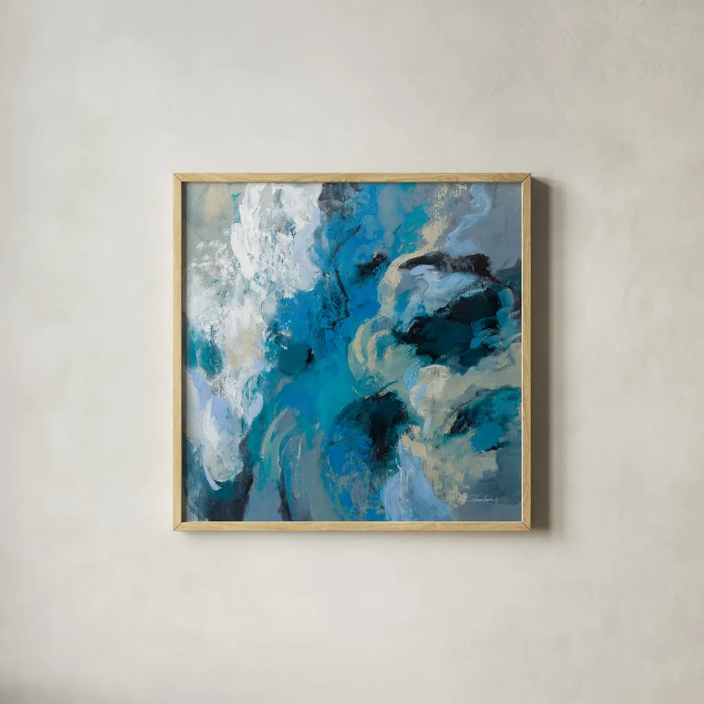 Monsoon by Silvia Vassileva. Shown in a natural wood glass frame for a timeless modern aesthetic. Available as an archival giclee rolled canvas, fine art paper, or poster print. SKU 83094a.