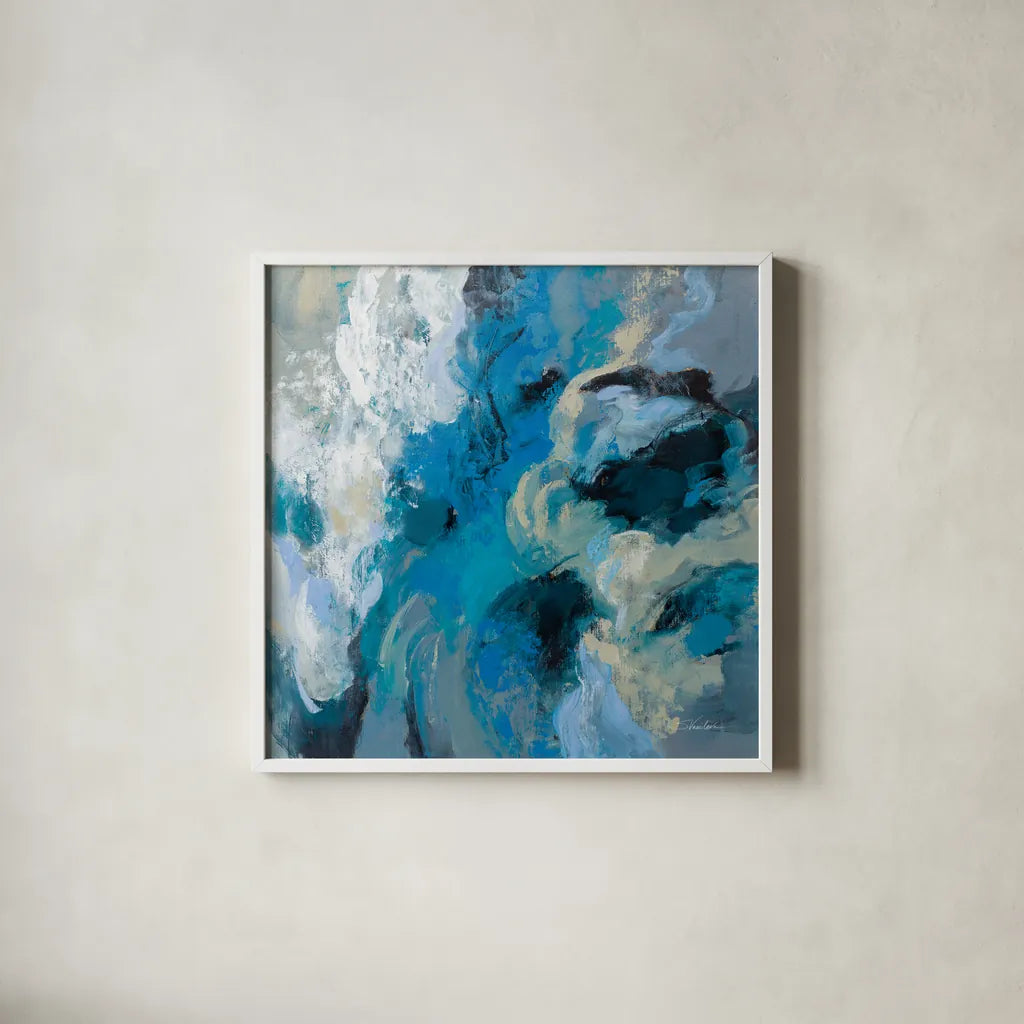 Monsoon by Silvia Vassileva. Shown in a crisp white glass frame for a clean and minimalist style. Available as an archival giclee rolled canvas, fine art paper, or poster print. SKU 83094a.