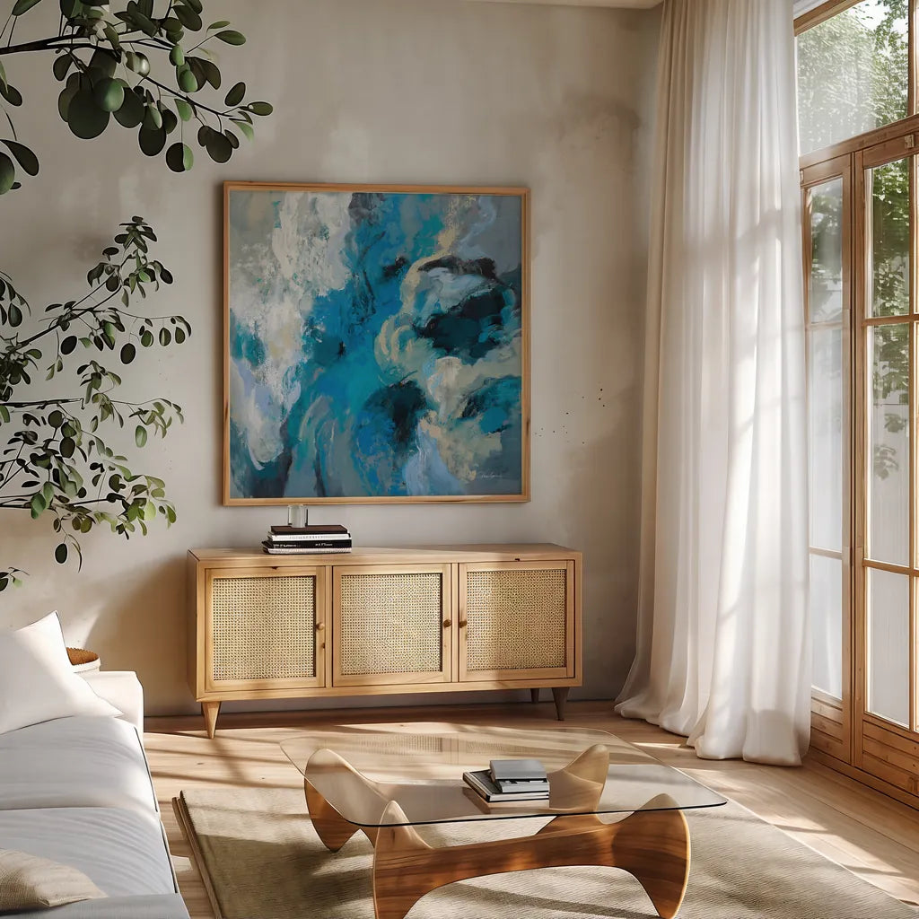 Monsoon by Silvia Vassileva. Shown in a natural wood frame in a cozy modern living room. Available as an archival giclee rolled canvas, fine art paper, or poster print. SKU 83094a.