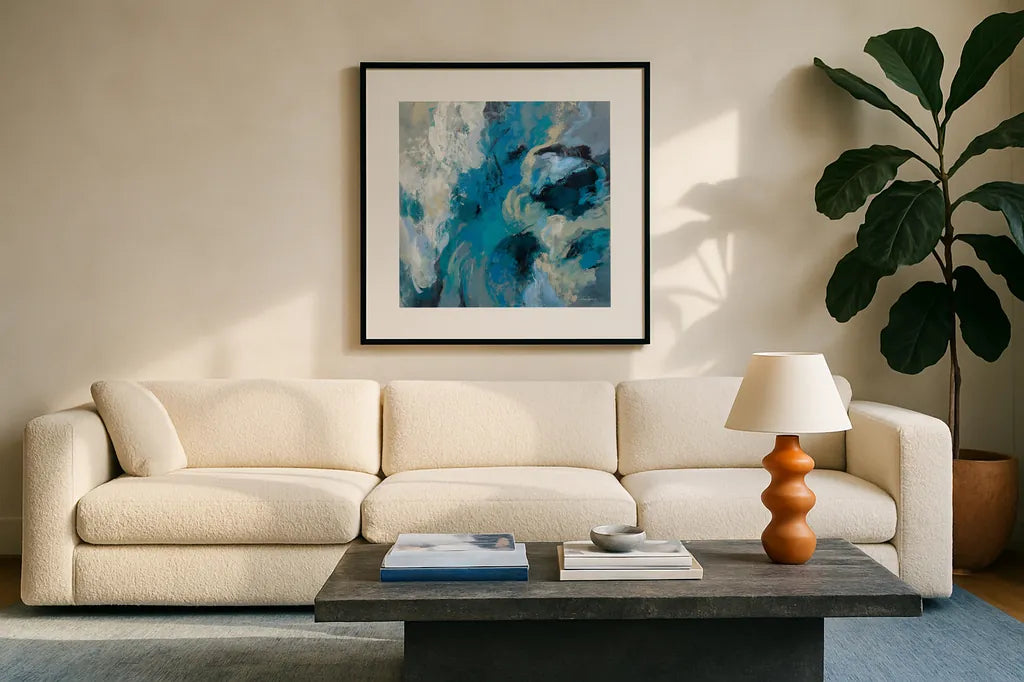 Monsoon by Silvia Vassileva. Displayed in a glass frame with matte in a clean modern living room. Available as an archival giclee rolled canvas, fine art paper, or poster print. SKU 83094a.
