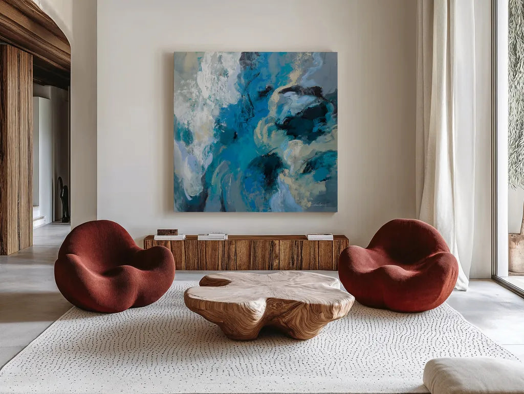 Monsoon by Silvia Vassileva. Shown as extra-large giant wall art in a modern living room. Available as an archival giclee rolled canvas, fine art paper, or poster print. SKU 83094a.