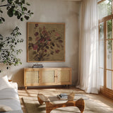 Moody Floral by Silvia Vassileva. Shown in a natural wood frame in a cozy modern living room. Available as an archival giclee rolled canvas, fine art paper, or poster print. SKU 103204a.