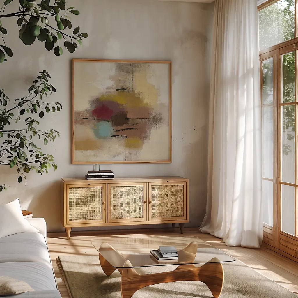 Morello Cherry Abstract I by Silvia Vassileva. Shown in a natural wood frame in a cozy modern living room. Available as an archival giclee rolled canvas, fine art paper, or poster print. SKU 63909a.
