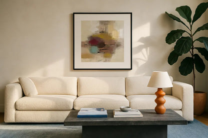 Morello Cherry Abstract I by Silvia Vassileva. Displayed in a glass frame with matte in a clean modern living room. Available as an archival giclee rolled canvas, fine art paper, or poster print. SKU 63909a.