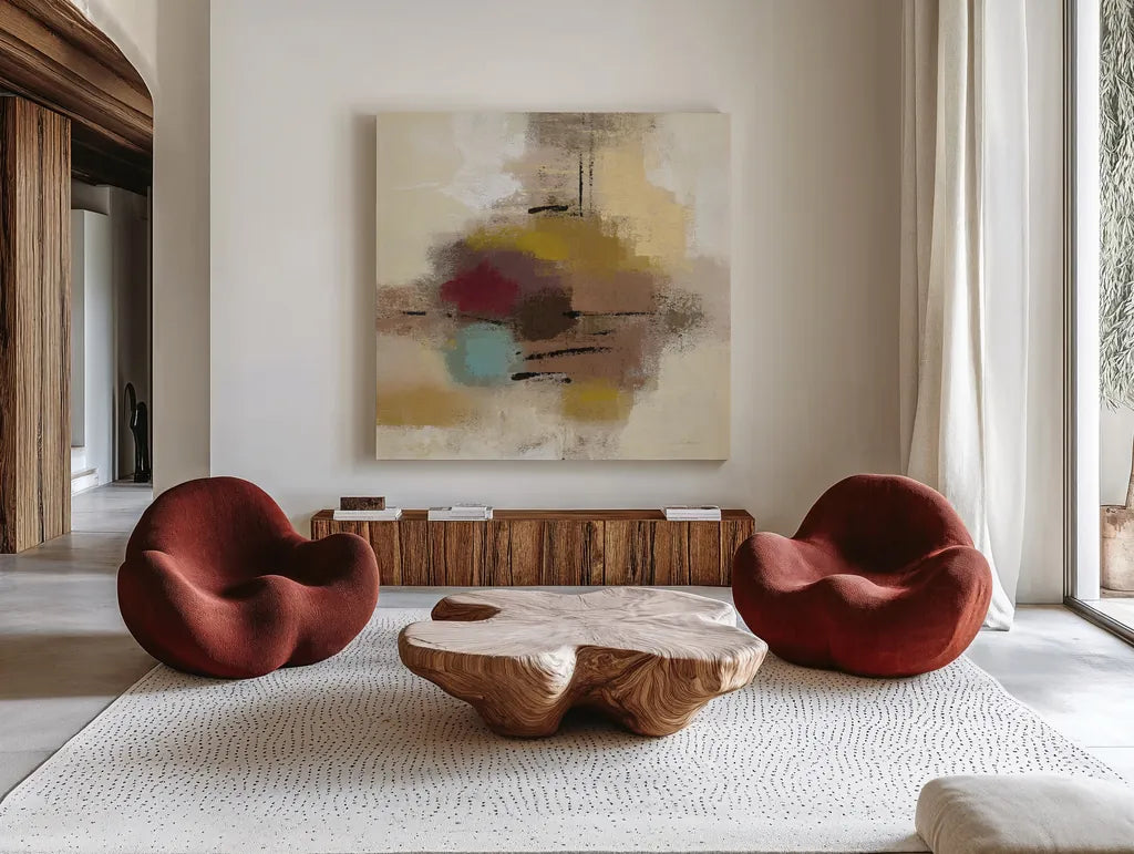 Morello Cherry Abstract I by Silvia Vassileva. Shown as extra-large giant wall art in a modern living room. Available as an archival giclee rolled canvas, fine art paper, or poster print. SKU 63909a.