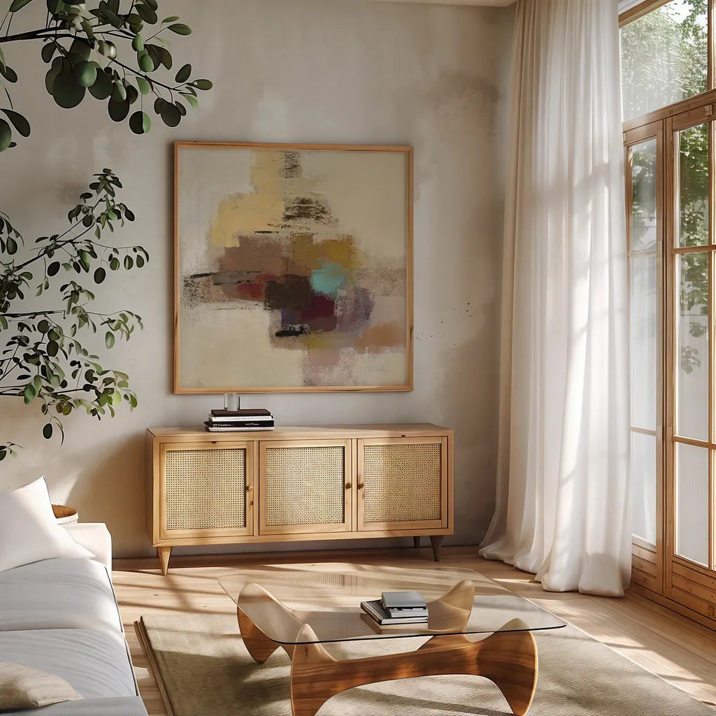 Morello Cherry Abstract II by Silvia Vassileva. Shown in a natural wood frame in a cozy modern living room. Available as an archival giclee rolled canvas, fine art paper, or poster print. SKU 63910a.