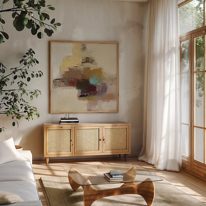 Morello Cherry Abstract II by Silvia Vassileva. Shown in a natural wood frame in a cozy modern living room. Available as an archival giclee rolled canvas, fine art paper, or poster print. SKU 63910a.