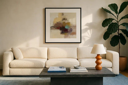 Morello Cherry Abstract II by Silvia Vassileva. Displayed in a glass frame with matte in a clean modern living room. Available as an archival giclee rolled canvas, fine art paper, or poster print. SKU 63910a.