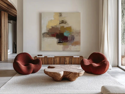 Morello Cherry Abstract II by Silvia Vassileva. Shown as extra-large giant wall art in a modern living room. Available as an archival giclee rolled canvas, fine art paper, or poster print. SKU 63910a.