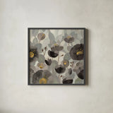Morning Bloom Greige by Silvia Vassileva. Shown in a sleek black glass frame for a contemporary gallery look. Available as an archival giclee rolled canvas, fine art paper, or poster print. SKU 20096a.