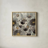 Morning Bloom Greige by Silvia Vassileva. Shown in a natural wood glass frame for a timeless modern aesthetic. Available as an archival giclee rolled canvas, fine art paper, or poster print. SKU 20096a.