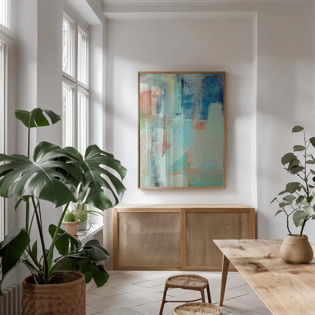 Morning Breeze IV by Silvia Vassileva. shown as a print in a natural wood frame in a dining room. Available as a archival giclee rolled canvas, fine art paper, or poster print. SKU 30671h.