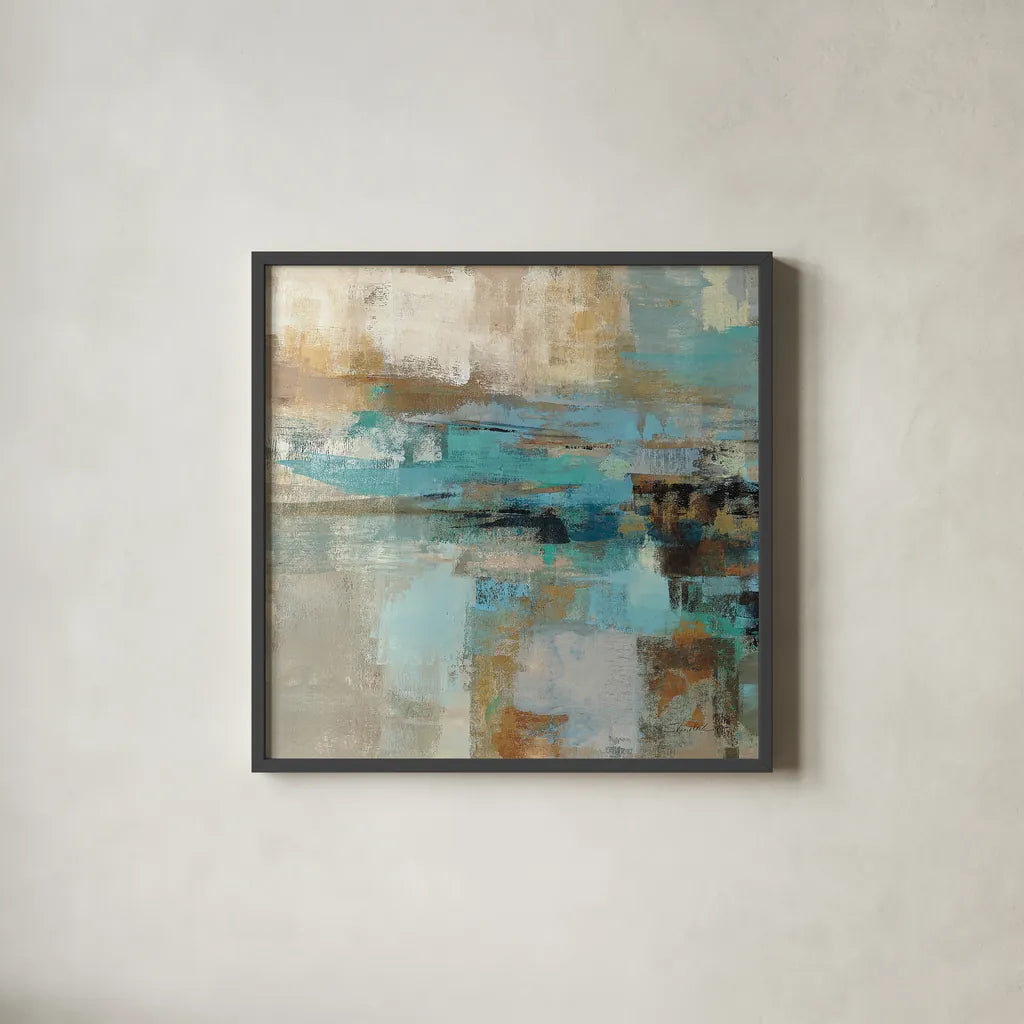 Morning Fjord Square I by Silvia Vassileva. Shown in a sleek black glass frame for a contemporary gallery look. Available as an archival giclee rolled canvas, fine art paper, or poster print. SKU 26898a.