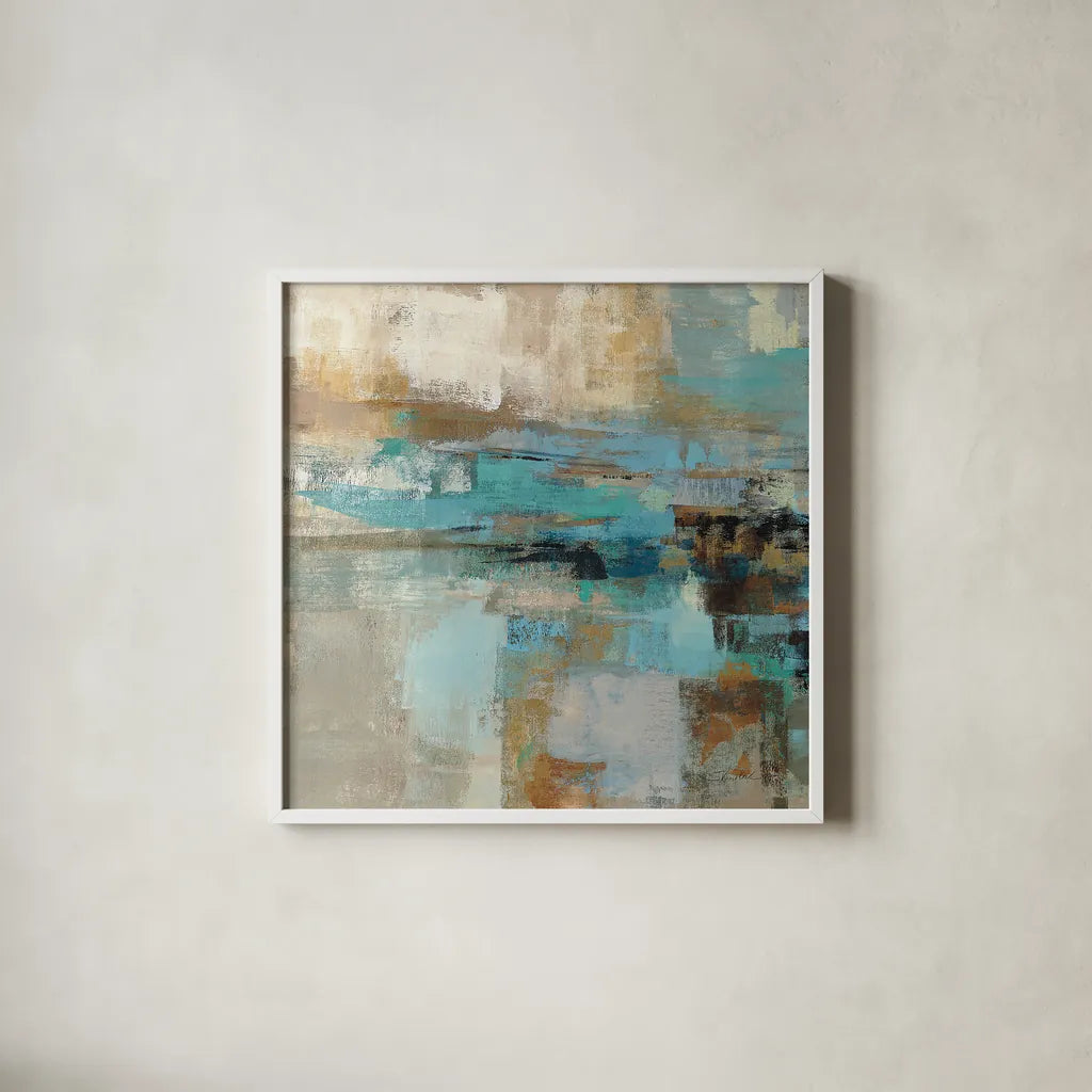 Morning Fjord Square I by Silvia Vassileva. Shown in a crisp white glass frame for a clean and minimalist style. Available as an archival giclee rolled canvas, fine art paper, or poster print. SKU 26898a.