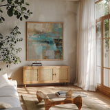 Morning Fjord Square I by Silvia Vassileva. Shown in a natural wood frame in a cozy modern living room. Available as an archival giclee rolled canvas, fine art paper, or poster print. SKU 26898a.