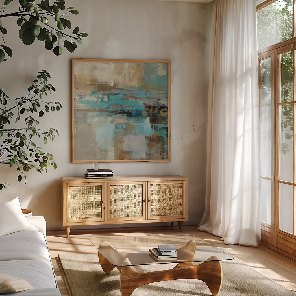 Morning Fjord Square I by Silvia Vassileva. Shown in a natural wood frame in a cozy modern living room. Available as an archival giclee rolled canvas, fine art paper, or poster print. SKU 26898a.