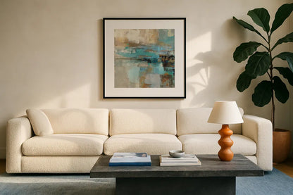 Morning Fjord Square I by Silvia Vassileva. Displayed in a glass frame with matte in a clean modern living room. Available as an archival giclee rolled canvas, fine art paper, or poster print. SKU 26898a.