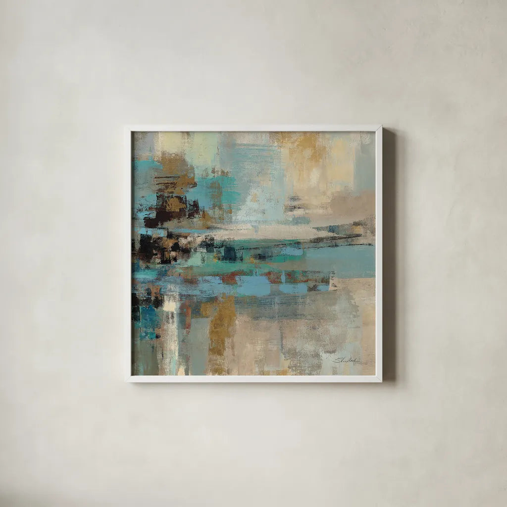 Morning Fjord Square II by Silvia Vassileva. Shown in a crisp white glass frame for a clean and minimalist style. Available as an archival giclee rolled canvas, fine art paper, or poster print. SKU 26899a.