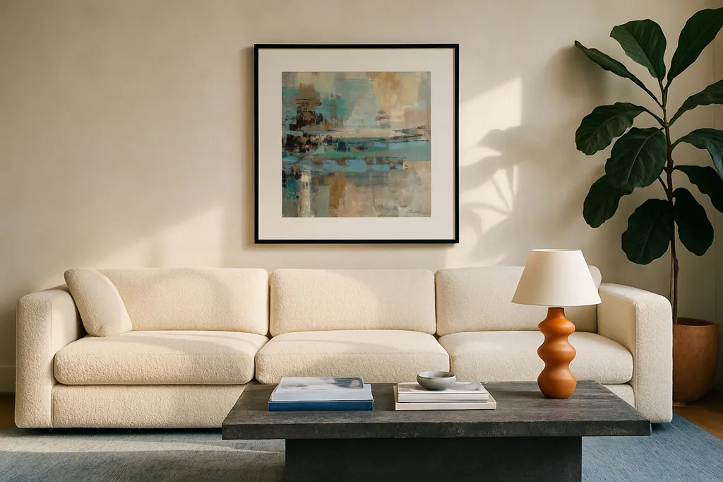 Morning Fjord Square II by Silvia Vassileva. Displayed in a glass frame with matte in a clean modern living room. Available as an archival giclee rolled canvas, fine art paper, or poster print. SKU 26899a.
