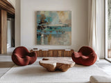 Morning Fjord Square II by Silvia Vassileva. Shown as extra-large giant wall art in a modern living room. Available as an archival giclee rolled canvas, fine art paper, or poster print. SKU 26899a.