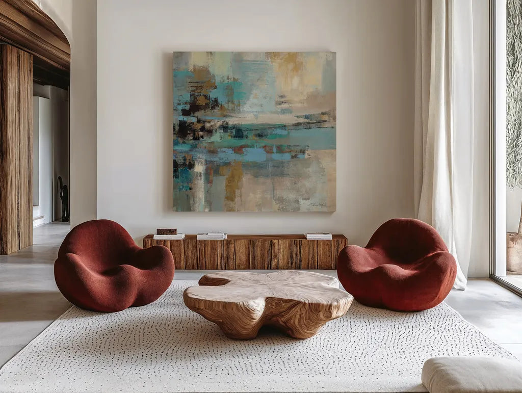 Morning Fjord Square II by Silvia Vassileva. Shown as extra-large giant wall art in a modern living room. Available as an archival giclee rolled canvas, fine art paper, or poster print. SKU 26899a.