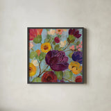 Morning Floral Crop Magenta Flower by Silvia Vassileva. Shown in a sleek black glass frame for a contemporary gallery look. Available as an archival giclee rolled canvas, fine art paper, or poster print. SKU 28868a.