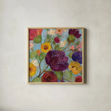 Morning Floral Crop Magenta Flower by Silvia Vassileva. Shown in a natural wood glass frame for a timeless modern aesthetic. Available as an archival giclee rolled canvas, fine art paper, or poster print. SKU 28868a.