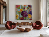 Morning Floral Crop Magenta Flower by Silvia Vassileva. Shown as extra-large giant wall art in a modern living room. Available as an archival giclee rolled canvas, fine art paper, or poster print. SKU 28868a.