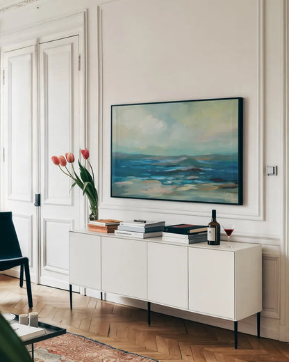 Morning Marine Layer by Silvia Vassileva. shown as a framed stretched canvas in a living room above a console. Available as a archival giclee rolled canvas, fine art paper, or poster print. SKU 79887i.