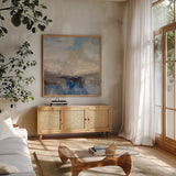 Morning Marine Layer I by Silvia Vassileva. Shown in a natural wood frame in a cozy modern living room. Available as an archival giclee rolled canvas, fine art paper, or poster print. SKU 87414a.