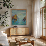 Morning Mist I by Silvia Vassileva. Shown in a natural wood frame in a cozy modern living room. Available as an archival giclee rolled canvas, fine art paper, or poster print. SKU 25234a.