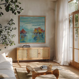 Morning Mist II by Silvia Vassileva. Shown in a natural wood frame in a cozy modern living room. Available as an archival giclee rolled canvas, fine art paper, or poster print. SKU 25235a.