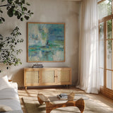 Morning Port by Silvia Vassileva. Shown in a natural wood frame in a cozy modern living room. Available as an archival giclee rolled canvas, fine art paper, or poster print. SKU 21909a.