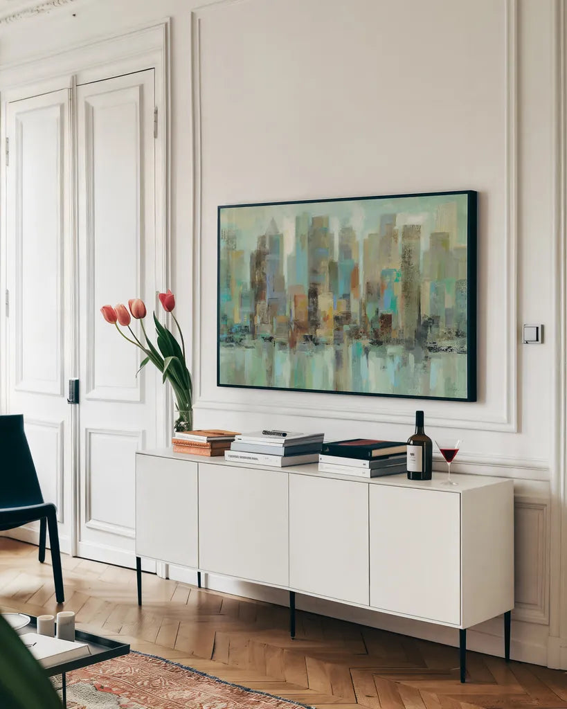 Morning Reflections by Silvia Vassileva. shown as a framed stretched canvas in a living room above a console. Available as a archival giclee rolled canvas, fine art paper, or poster print. SKU 23837i.