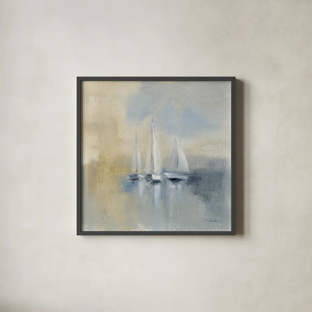 Morning Sail I by Silvia Vassileva. Shown in a sleek black glass frame for a contemporary gallery look. Available as an archival giclee rolled canvas, fine art paper, or poster print. SKU 33963a.
