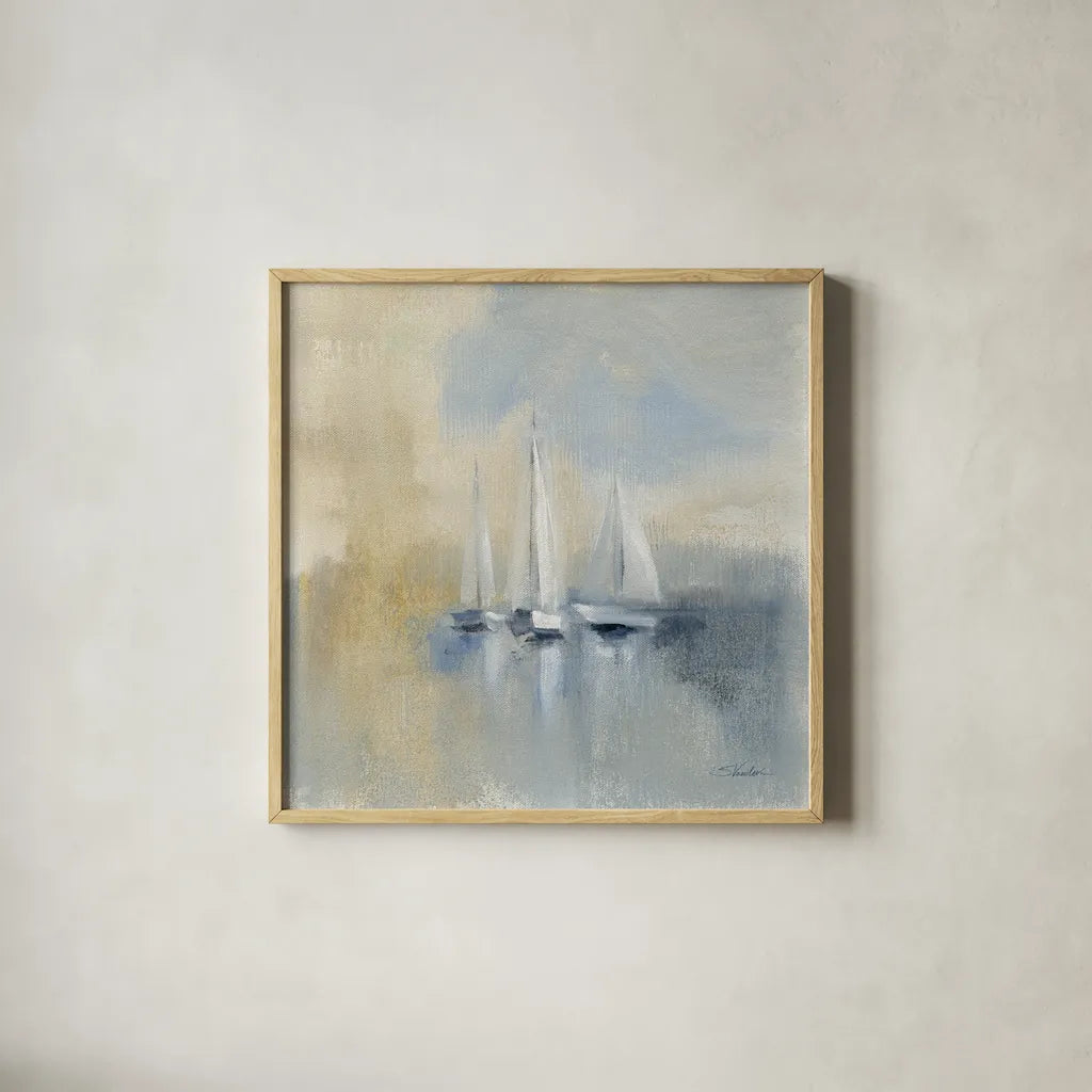 Morning Sail I by Silvia Vassileva. Shown in a natural wood glass frame for a timeless modern aesthetic. Available as an archival giclee rolled canvas, fine art paper, or poster print. SKU 33963a.