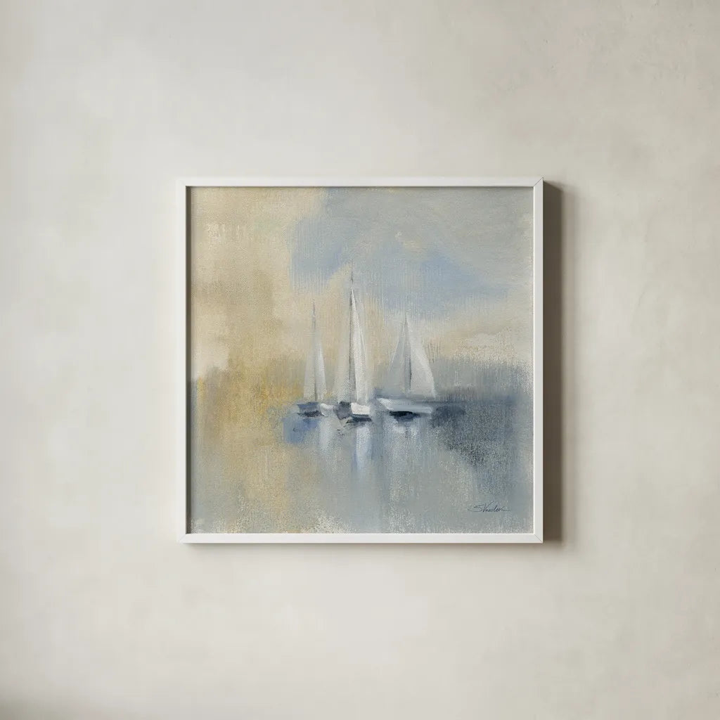 Morning Sail I by Silvia Vassileva. Shown in a crisp white glass frame for a clean and minimalist style. Available as an archival giclee rolled canvas, fine art paper, or poster print. SKU 33963a.
