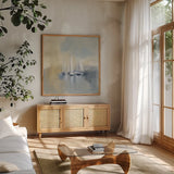 Morning Sail I by Silvia Vassileva. Shown in a natural wood frame in a cozy modern living room. Available as an archival giclee rolled canvas, fine art paper, or poster print. SKU 33963a.