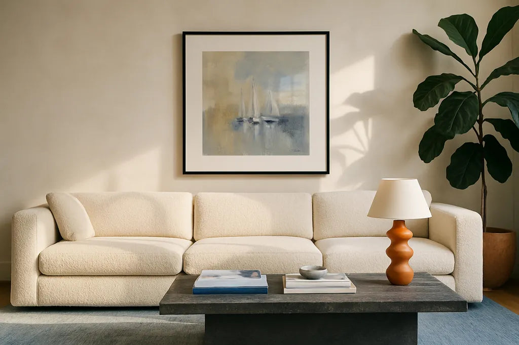 Morning Sail I by Silvia Vassileva. Displayed in a glass frame with matte in a clean modern living room. Available as an archival giclee rolled canvas, fine art paper, or poster print. SKU 33963a.