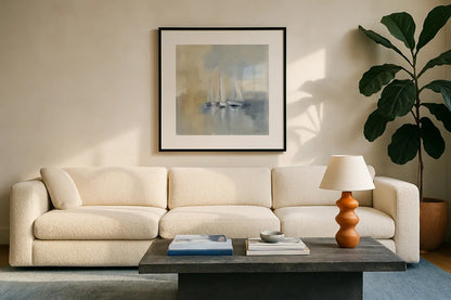 Morning Sail I by Silvia Vassileva. Displayed in a glass frame with matte in a clean modern living room. Available as an archival giclee rolled canvas, fine art paper, or poster print. SKU 33963a.