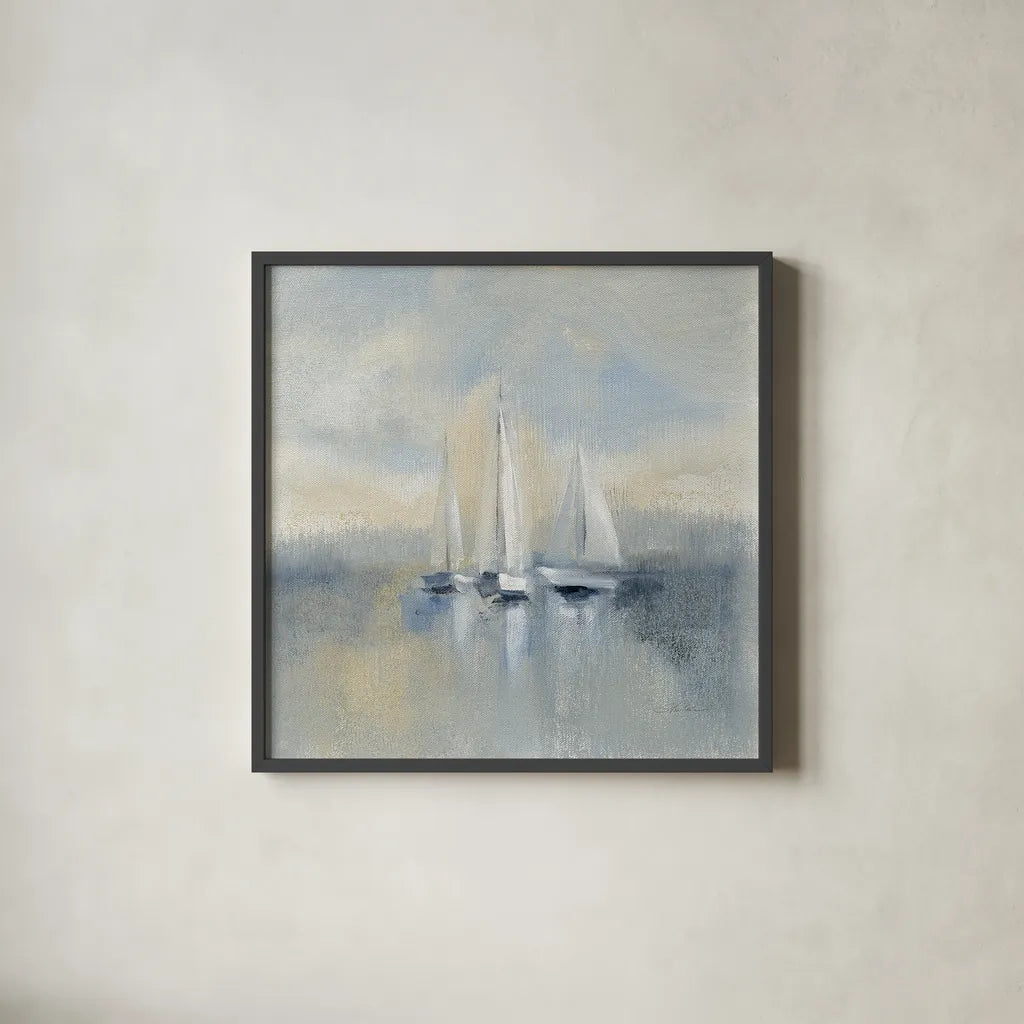 Morning Sail I Blue by Silvia Vassileva. Shown in a sleek black glass frame for a contemporary gallery look. Available as an archival giclee rolled canvas, fine art paper, or poster print. SKU 34375a.