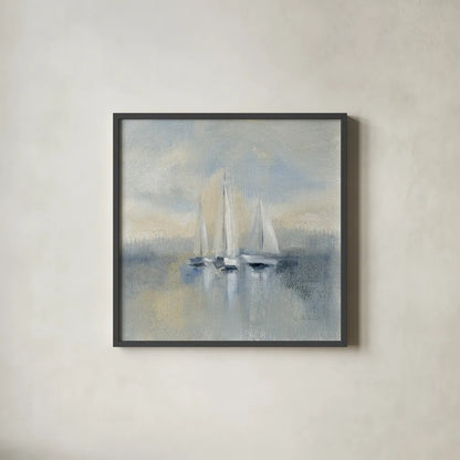 Morning Sail I Blue by Silvia Vassileva. Shown in a sleek black glass frame for a contemporary gallery look. Available as an archival giclee rolled canvas, fine art paper, or poster print. SKU 34375a.