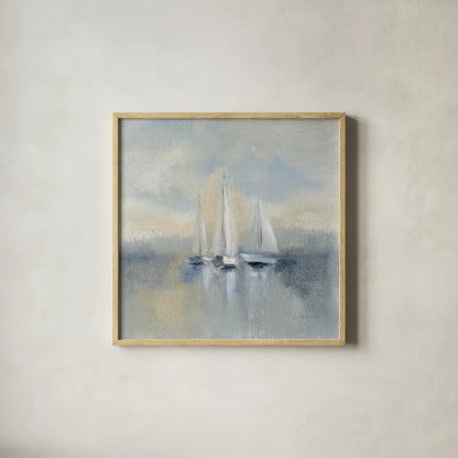 Morning Sail I Blue by Silvia Vassileva. Shown in a natural wood glass frame for a timeless modern aesthetic. Available as an archival giclee rolled canvas, fine art paper, or poster print. SKU 34375a.
