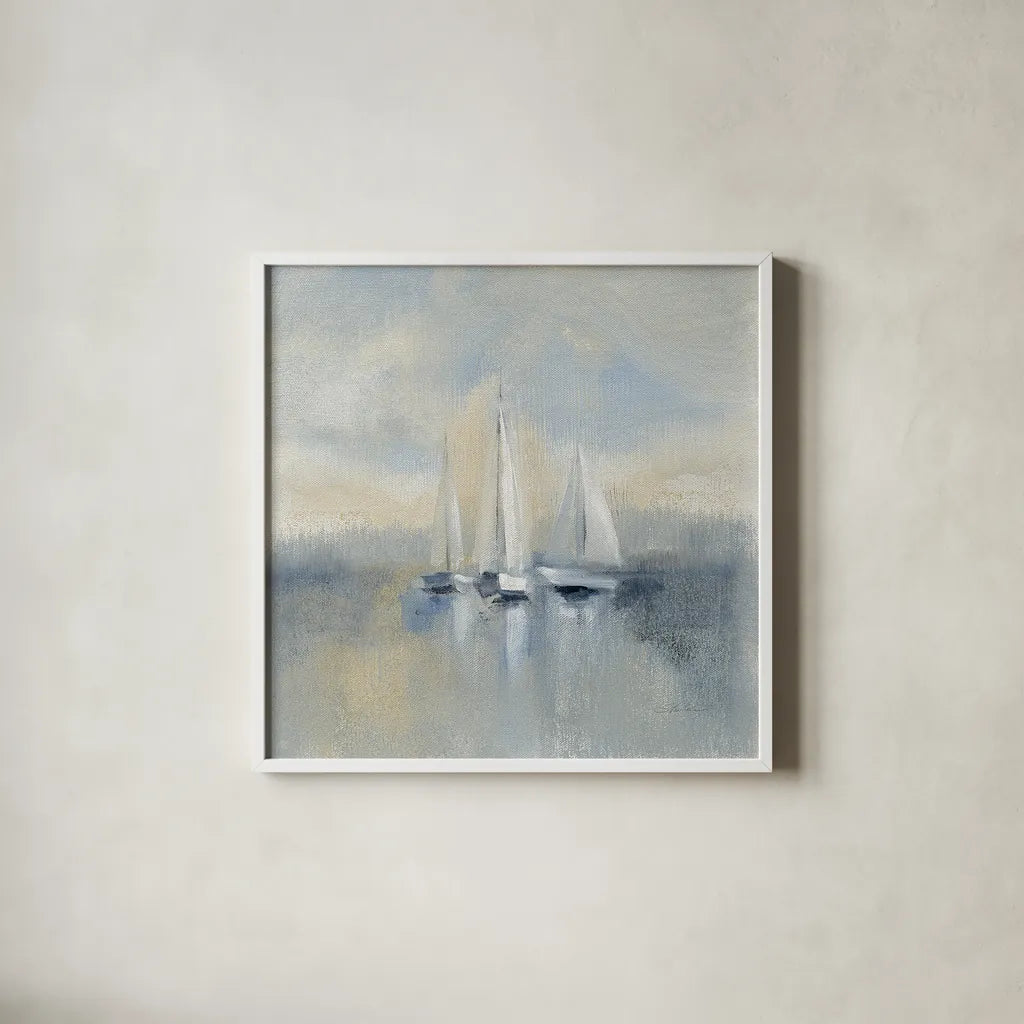 Morning Sail I Blue by Silvia Vassileva. Shown in a crisp white glass frame for a clean and minimalist style. Available as an archival giclee rolled canvas, fine art paper, or poster print. SKU 34375a.
