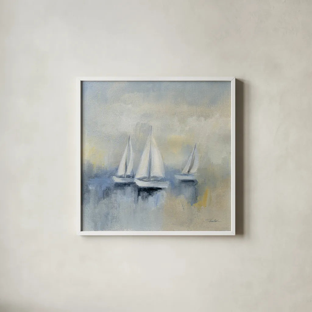 Morning Sail II by Silvia Vassileva. Shown in a crisp white glass frame for a clean and minimalist style. Available as an archival giclee rolled canvas, fine art paper, or poster print. SKU 33964a.
